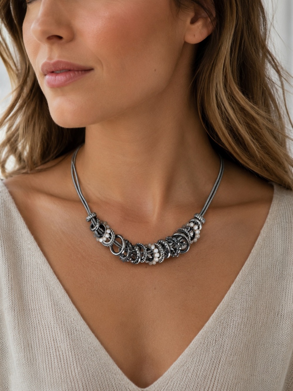 Elegant Silver Statement Necklace with Beaded Charms
